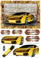 Yellow Sports car decoupage Fathers Day or Birthday