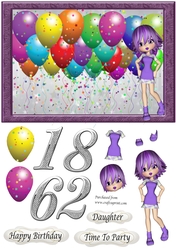 Balloons & Girl in purple dress, ages 16, 18, 21