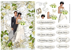 Wedding Couple 3 in white roses. ribbons & pearls frame