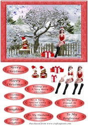Winter scene with girl in Santa dress