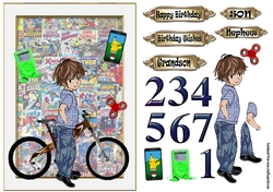 Teenage boy 2 with bike and marvel comics