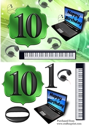 Age 10 card with keyboard, headphones, laptop - green