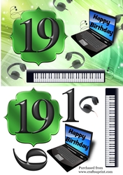 Age 19 card with keyboard, headphones, laptop - green