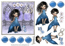 Girl 18 in blue dress by arches with cat