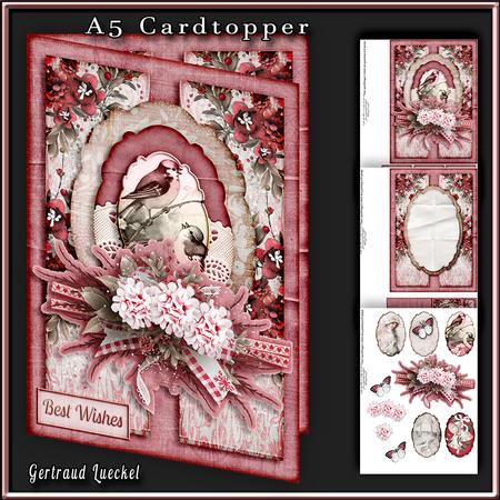Cardtopper A5 with Inlet and Notecard Red Flowers 331