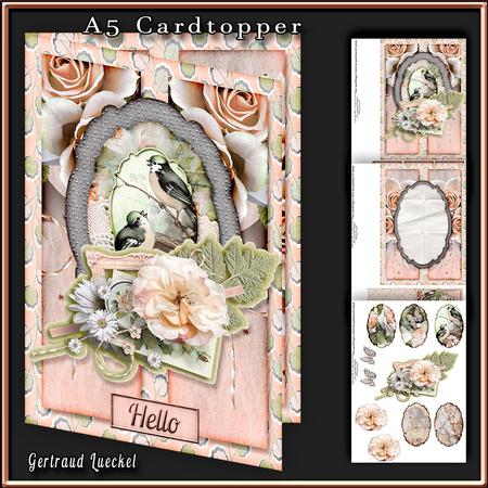 A5 Cardtopper Soft Creme Peach Green Flowers 335