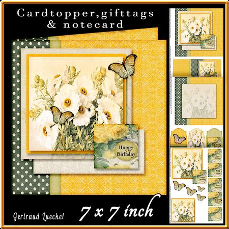 Cardtopper Vintage White Flower Yellow Roses 431