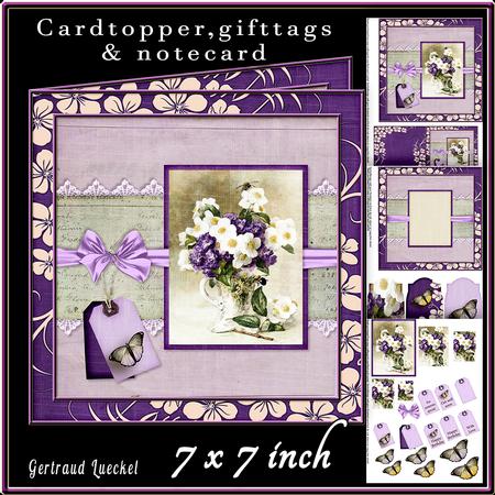 Cardtopper Vintage White and Purple Flower 437