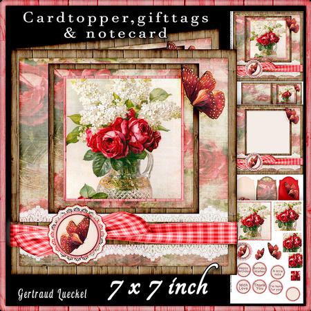 Cardtopper Vintage Flower Red Roses and White Lilac 452