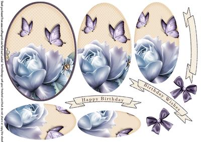 Oval Pyramage Soft Blue Rose and Butterflies 105