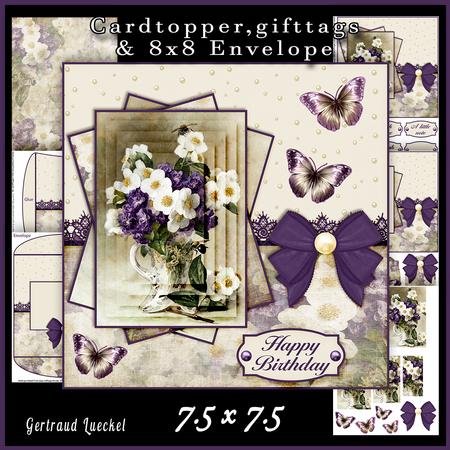 Cardtopper with Matching Envelope White & Purple Flower 597