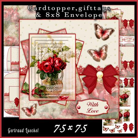 Cardtopper with Matching Envelope Red & White Flower 598