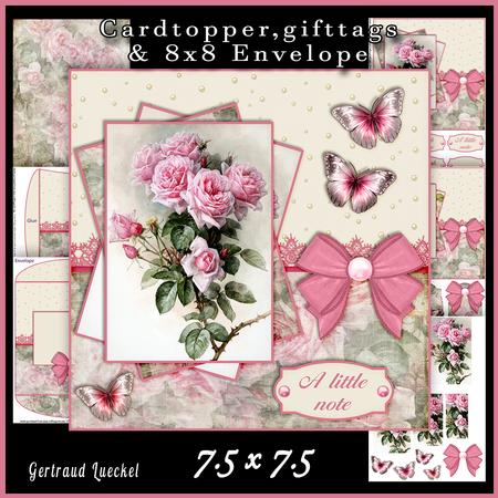 Cardtopper with Matching Envelope Pink Roses 599