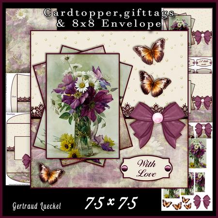 Cardtopper with Matching Envelope Magenta Flowers 601