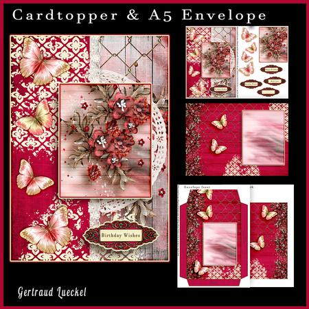 Cardtopper with Matching Envelope Red Flower 636