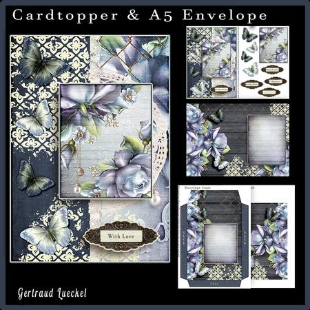 Cardtopper with Matching Envelope Blue Roses 660