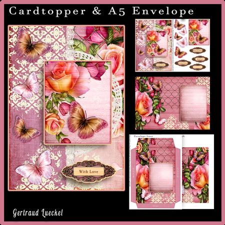 Cardtopper with Matching Envelope Pink Roses 662
