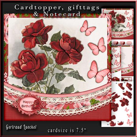 Cardtopper Red Roses and Butterflies 675