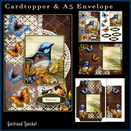 Cardtopper with Matching Envelope Colourful Bird 701