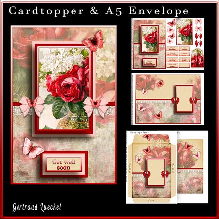 Cardtopper with Matching Envelope Red Roses 734