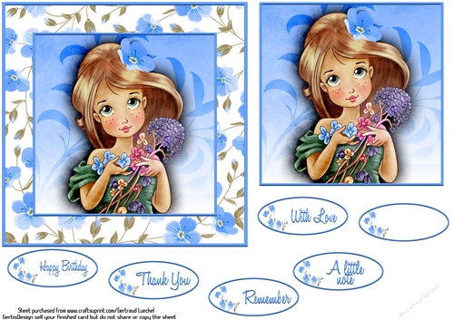 Card Topper Beautiful Blue Flowers Young Girl 107