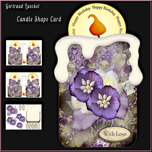 Candle Shape Card Vintage Purple Flowers 939