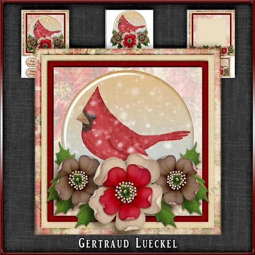 Vintage Christmas Cardinal Snowglobe And Flowers Card Kit 1035