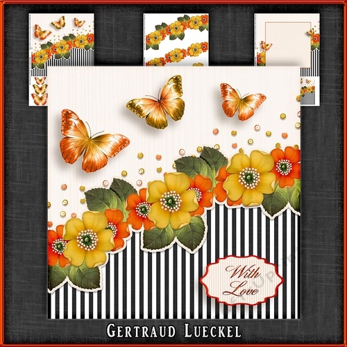 Vintage stripes flowers and butterflies orange-yellow 1077