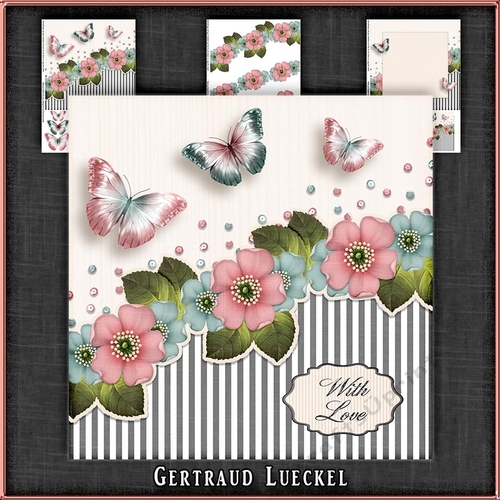 Vintage stripes flowers and butterflies pastel blue pink 1091