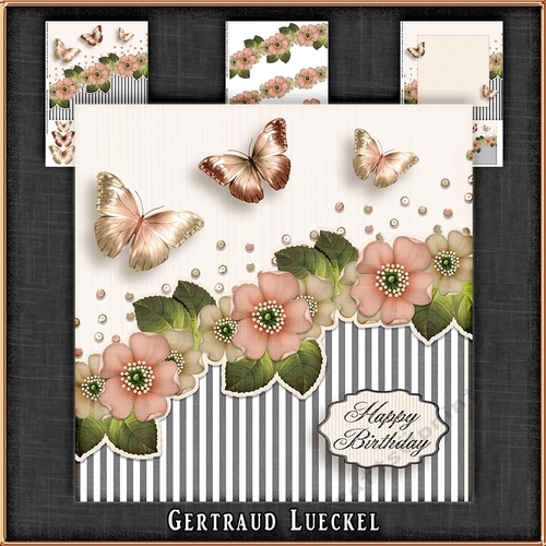 Vintage stripes flowers and butterflies pastel blush brown 1093