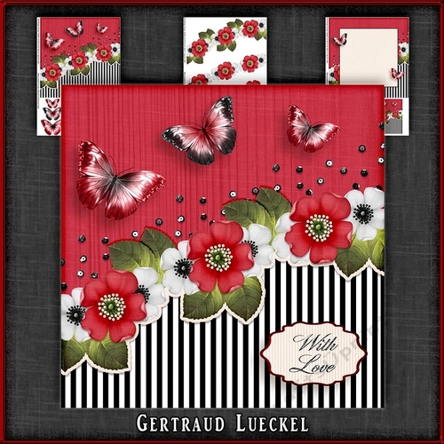 Vintage stripes flowers and butterflies red black white 1094