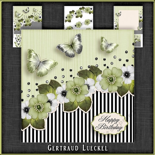 Vintage stripes flowers and butterflies green black white 1096