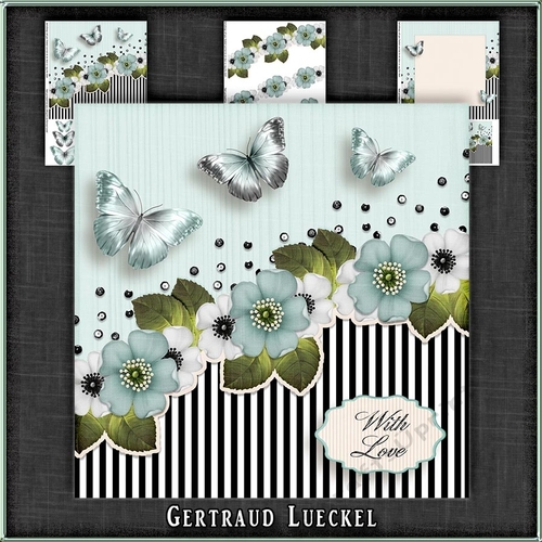 Vintage stripes flowers and butterflies blue black white 1097