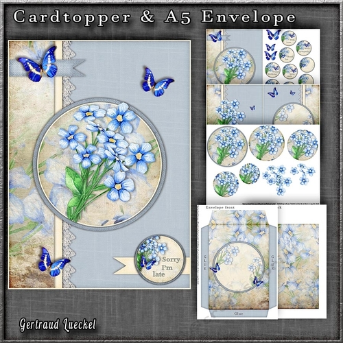 Vintage Blue Card With Lace Flowers and Butterflies 1246