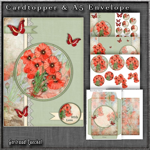 Vintage Blue Card With Lace Poppies and Butterflies 1247