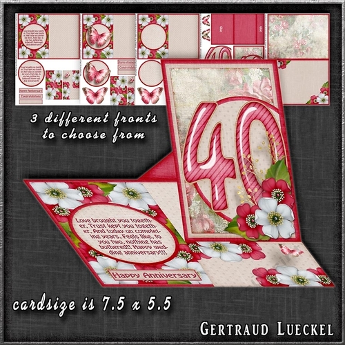 Vintage Side Easel Card 40th Ruby Wedding Anniversary With Three Different Fronts 1265