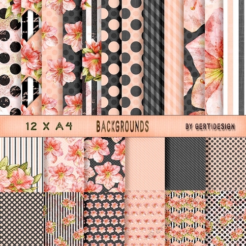 12 Vintage Stripes Dotts Flowers In Black Grey Pink