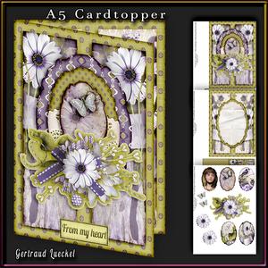 A5 Cardtopper Green Purple White Flowers 334