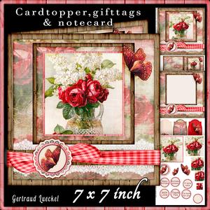 Cardtopper Vintage Flower Red Roses and White Lilac 452