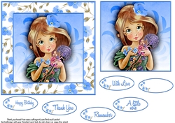 Card Topper Beautiful Blue Flowers Young Girl 107