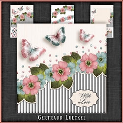 Vintage stripes flowers and butterflies pastel blue pink 1091