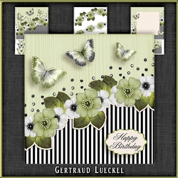 Vintage stripes flowers and butterflies green black white 1096
