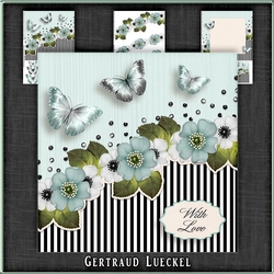 Vintage stripes flowers and butterflies blue black white 1097