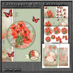 Vintage Blue Card With Lace Poppies and Butterflies 1247