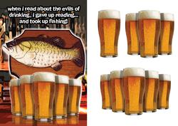 Pints of Beer on Pub Bar with a Fish on a Plaque