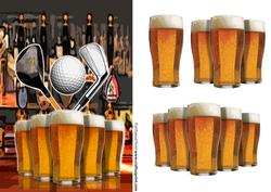 Pints of Beer on Pub Bar with Golf Clubs