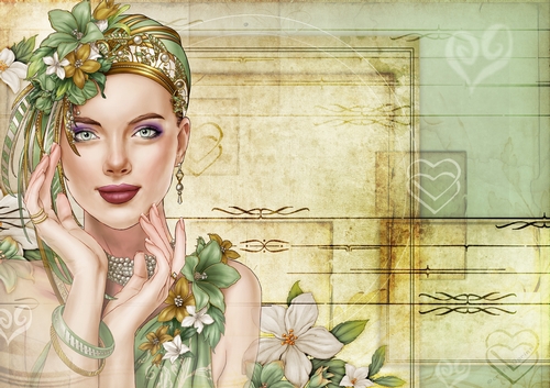 Art Deco Lady Emilia Hearts Paper Green