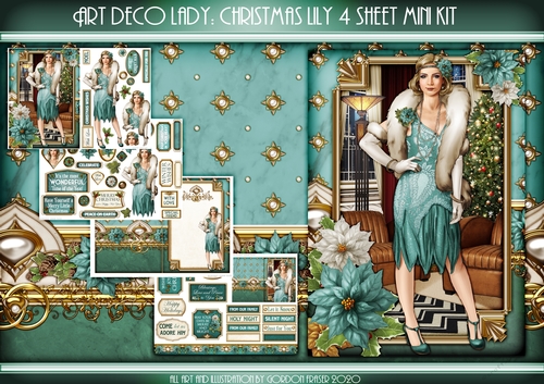 Art Deco Lady Lily Christmas 4 Sheet mini Kit Aqua