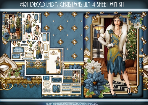 Art Deco Lady Lily Christmas 4 Sheet mini Kit Blue