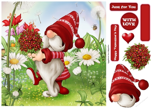 Valentines Day Gnome Flowers 8x8 Quick Card